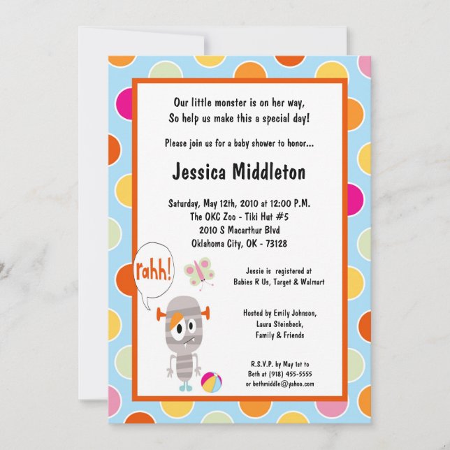 5x7 Petite Invitation Baby shower Monstre (Devant)