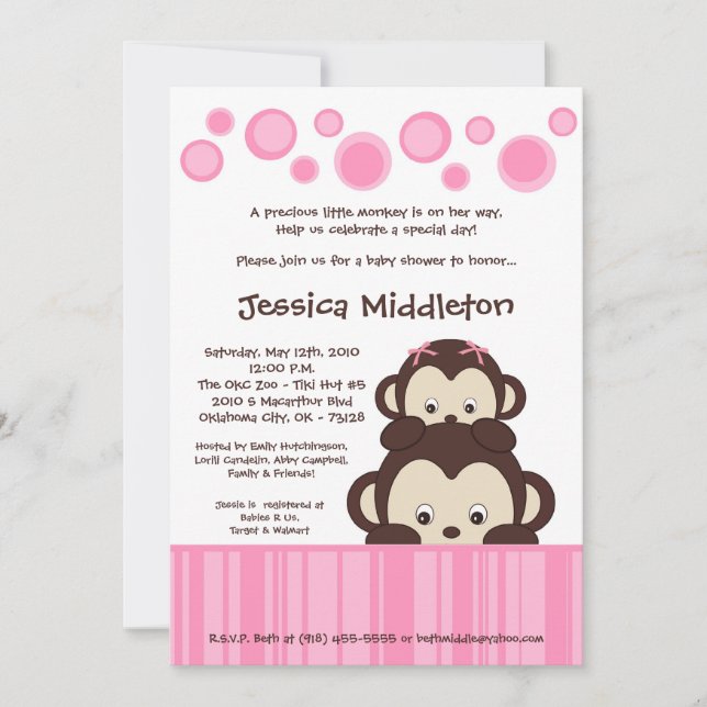 5x7 Pink Baby Pop Monkey Baby shower Invitation (Devant)