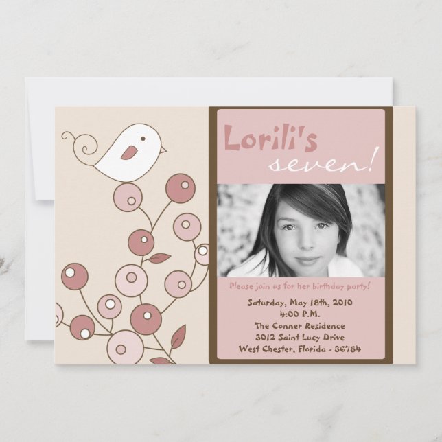 5x7 Pink Bird Photo Invitation à la fête d'anniver (Devant)