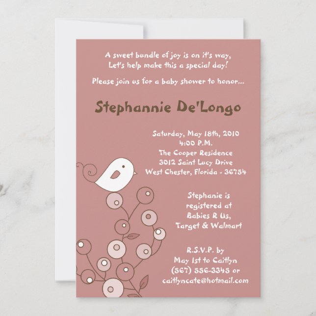 5x7 Pink Bird Retro Bush Baby shower Invitation (Devant)