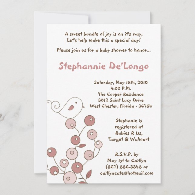 5x7 Pink Bird Retro Bush Baby shower Invitation (Devant)