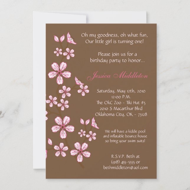 5x7 Pink Cherry Blossom Invitation à la fête d'ann (Devant)