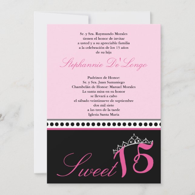 5x7 Pink clair Tiara Quinceanera Invitation de la  (Devant)
