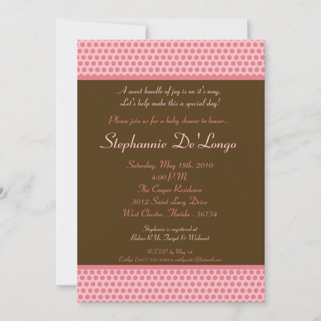 5x7 Pink et Brown Polkadot Baby shower Invitation (Devant)