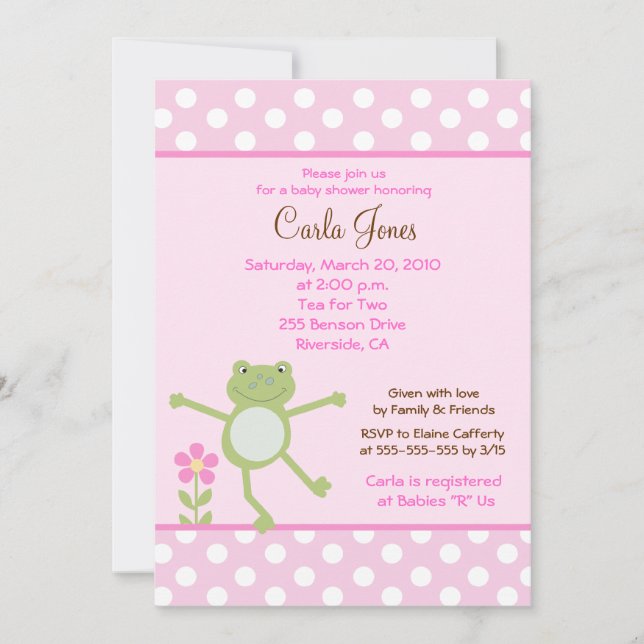 5x7 Pink Leap Frog Girl Baby shower Invitation (Devant)