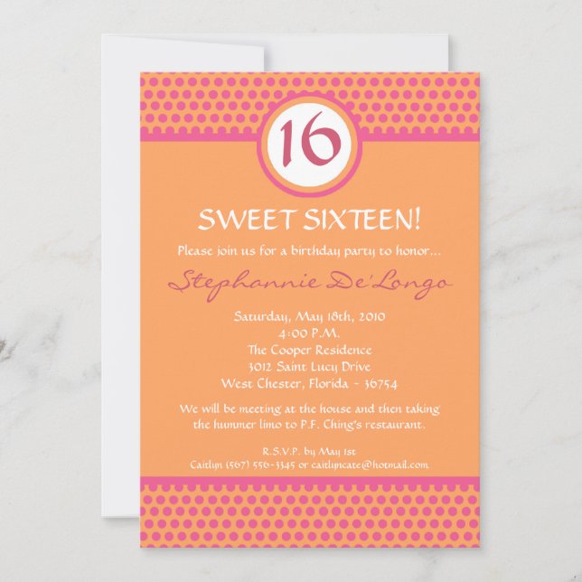 5x7 Pink & Orange Polka Point 16 Invitation Annive (Devant)