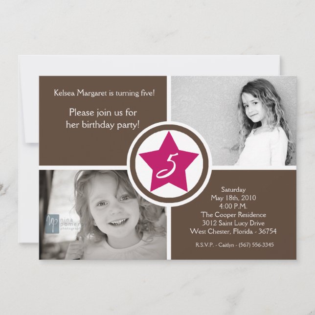 5x7 Pink Star Box Photo Invitation à la fête d'ann (Devant)