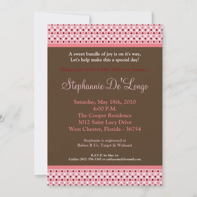 5x7 Pink Sweetheat PolkaDot Baby shower Invitation (Devant)