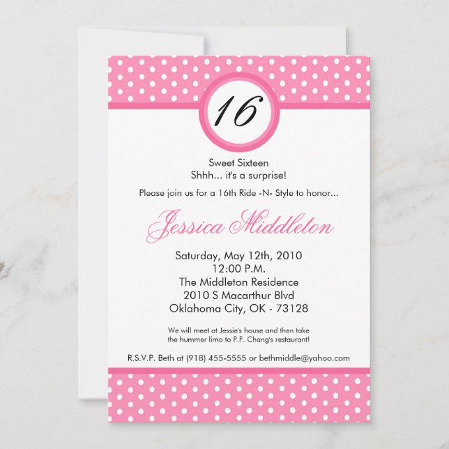 5x7 Pink White Polka Dot 16e Invitation anniversai (Devant)
