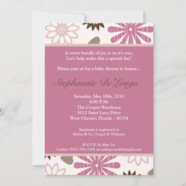 5x7 PinkPurple Invitation Baby shower de fleurs ré (Devant)