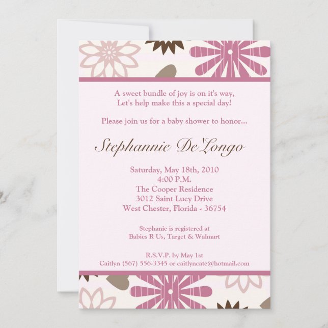 5x7 PinkPurple Invitation Baby shower de fleurs ré (Devant)