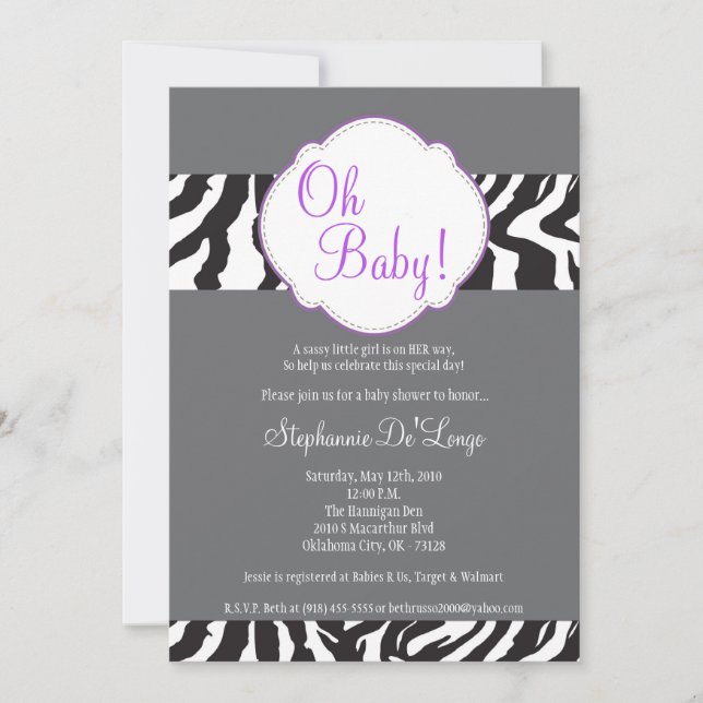 5x7 Purpl Grey Zebra Baby shower Invitation (Devant)