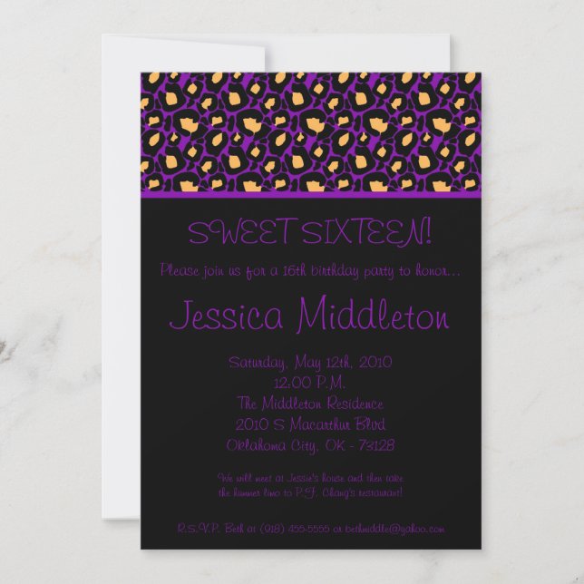 5x7 Purple Cheetah Imprimer 16e invitation anniver (Devant)