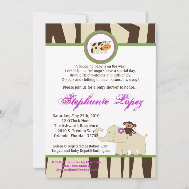 5x7 Purple Jacana Baby shower Invitation (Devant)