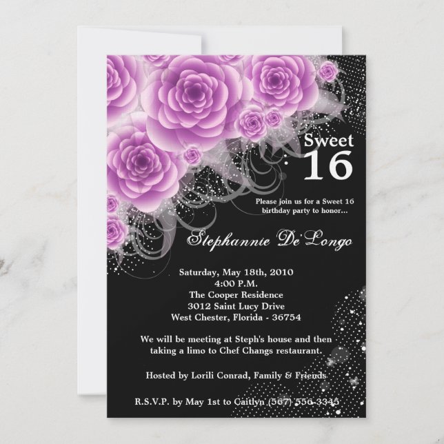 5x7 Purple Rose Sweet 16 Anniversaire Invitation (Devant)