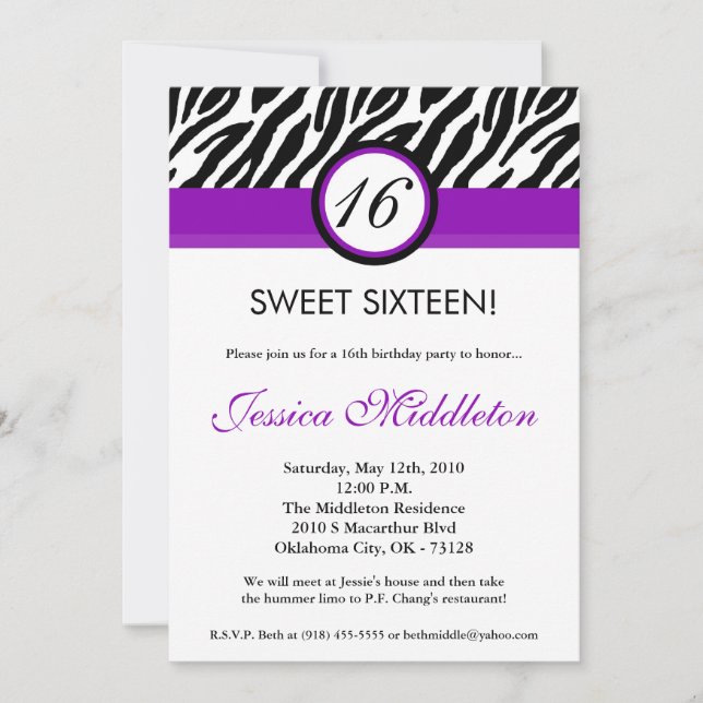 5x7 Purple Zebra Imprimer 16e invitation d'anniver (Devant)