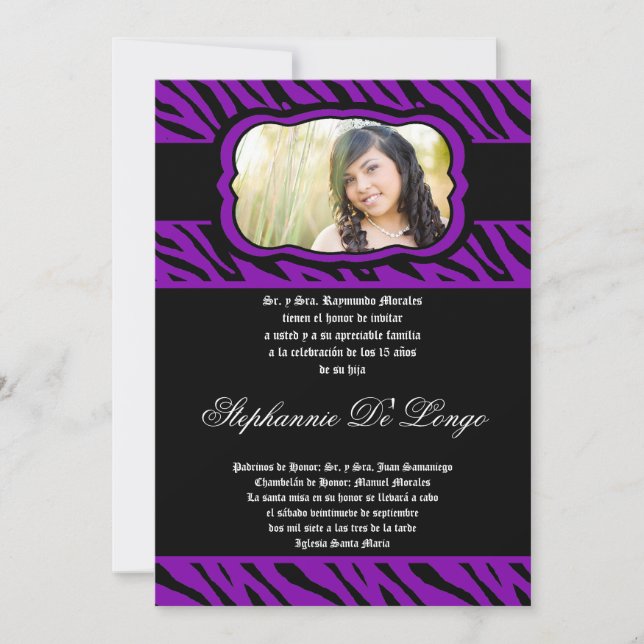 5x7 Purple Zebra Imprimer Quinceanera Invitation (Devant)