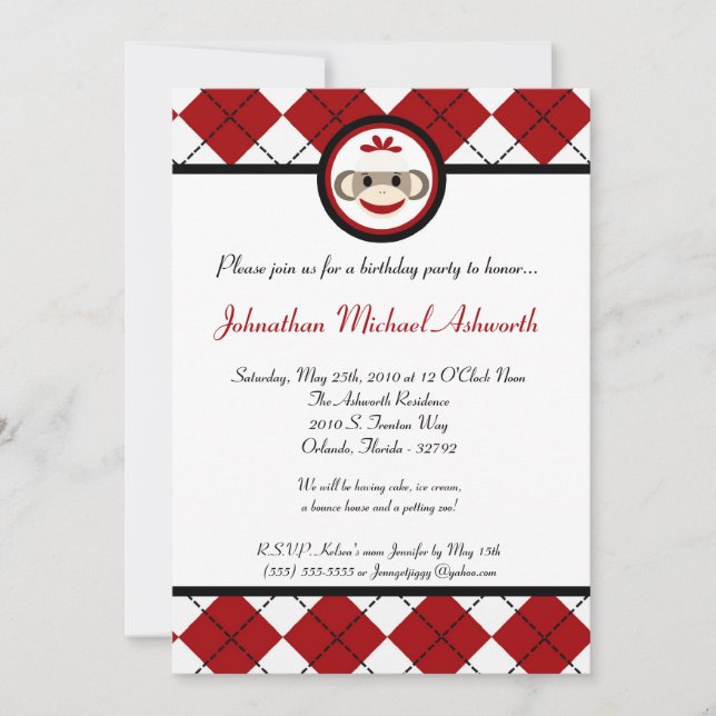 5x7 Red Arg Sock Monkey Toy Invitation d'anniversa (Devant)