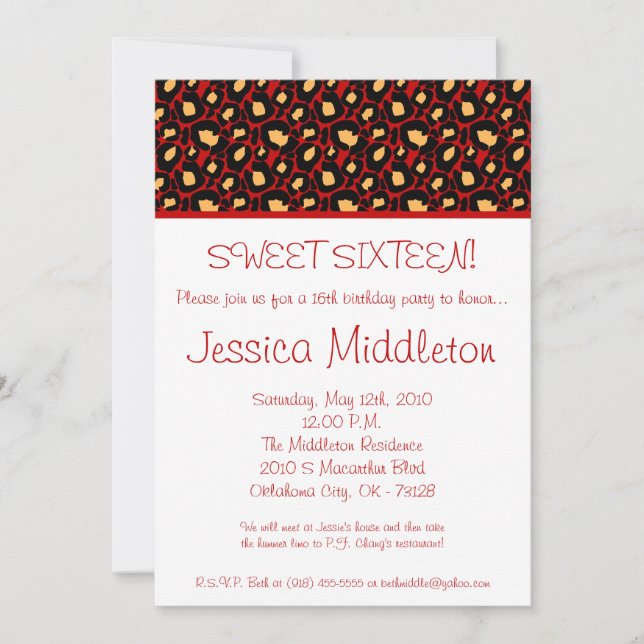 5x7 Red Cheetah Imprimer 16e invitation anniversai (Devant)