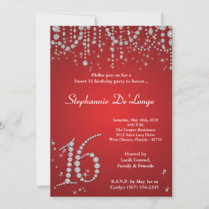 5x7 Red Diamond Sweet 16 Anniversaire Invitation