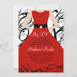 5x7 Red Dress Quinceanera Invitation d'anniversair