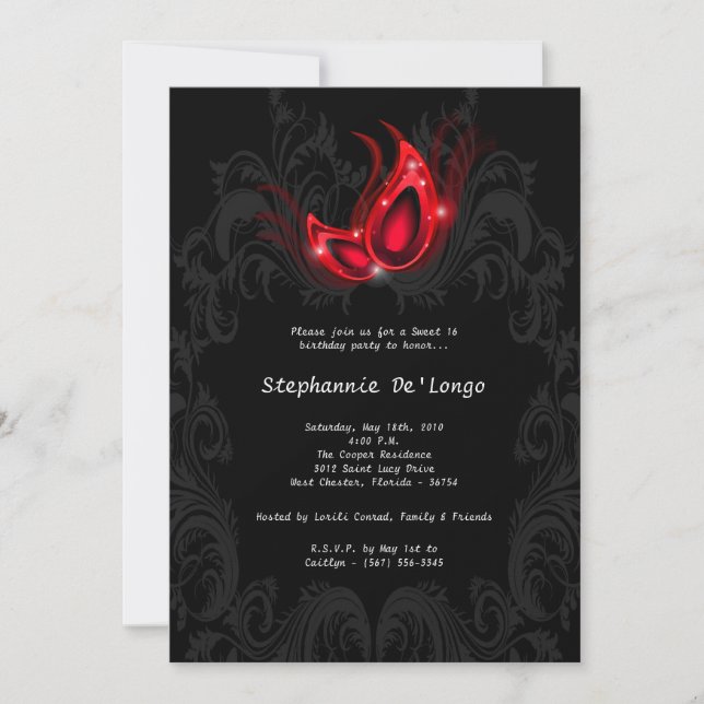 5x7 Red Masquerade Sweet 16 Birthday Invitation (Devant)