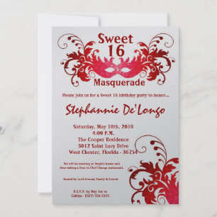 5x7 Red Masquerade Sweet 16 Invitation anniversair