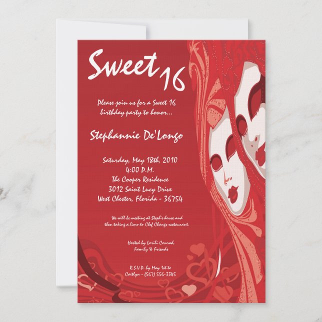 5x7 Red Masquerade Sweet 16 Invitation anniversair (Devant)