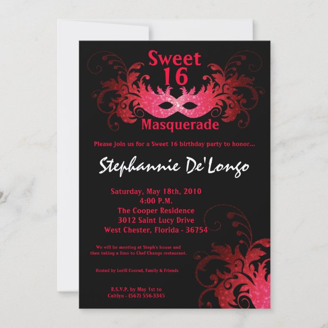 5x7 Red Masquerade Sweet 16 Invitation anniversair (Devant)
