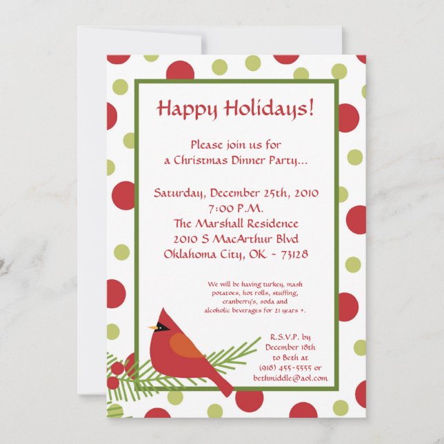 5x7 Red Robin Holly Christmas Party Invitation (Devant)