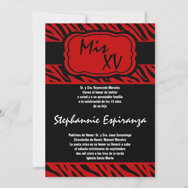 5x7 Red Zebra Imprimer Quinceanera 15 Invitation (Devant)