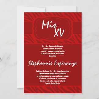 5x7 Red Zebra Imprimer Quinceanera 15 Invitation