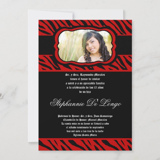 5x7 Red Zebra Imprimer Quinceanera Invitation (Devant)