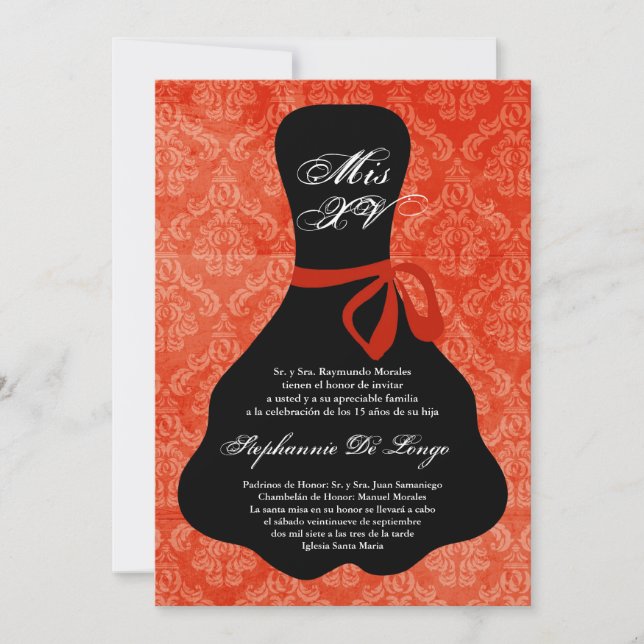 5x7 Robe Orange Quinceanera Invitation Anniversair (Devant)