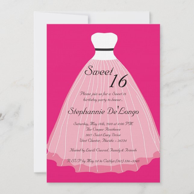 5x7 Robe rose chaude douce 16 Invitation d'anniver (Devant)