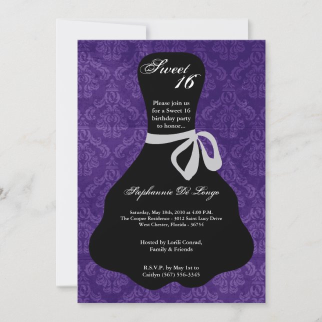 5x7 Robe violette Douce 16 Anniversaire Invitation (Devant)