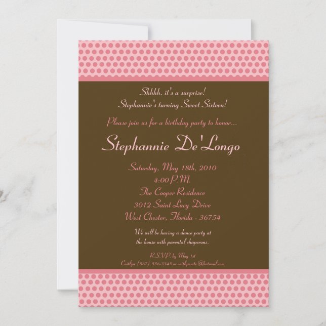 5x7 rose et Brown Polkadot 16 Invitation d'anniver (Devant)