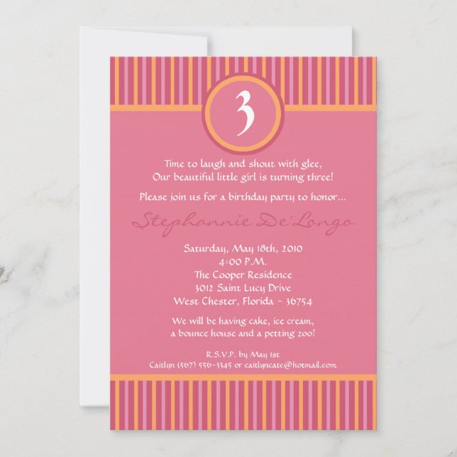 5x7 rose et orange rayé Invitation d'anniversaire (Devant)