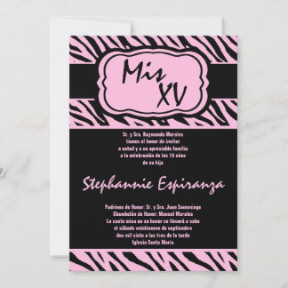 5x7 rose Zèbre Imprimer Quinceanera 15 Invitation