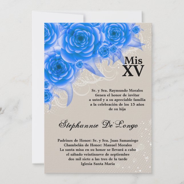 5x7 Roses bleus Quinceanera Invitation d'anniversa (Devant)