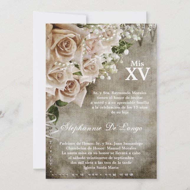 5x7 Roses Vintages Quinceanera Invitation d'annive (Devant)