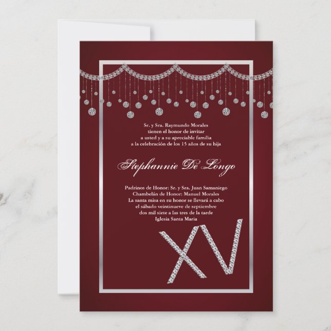 5x7 Rouge Diamant Quinceanera Invitation Anniversa (Devant)