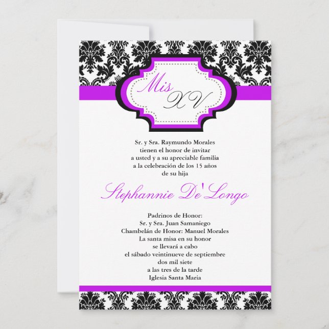 5x7 Royal Purple Damask Quinceanera Invitation (Devant)