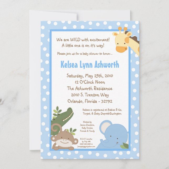 5x7 Safari Jungle Zoo Invitation Baby shower anima (Devant)