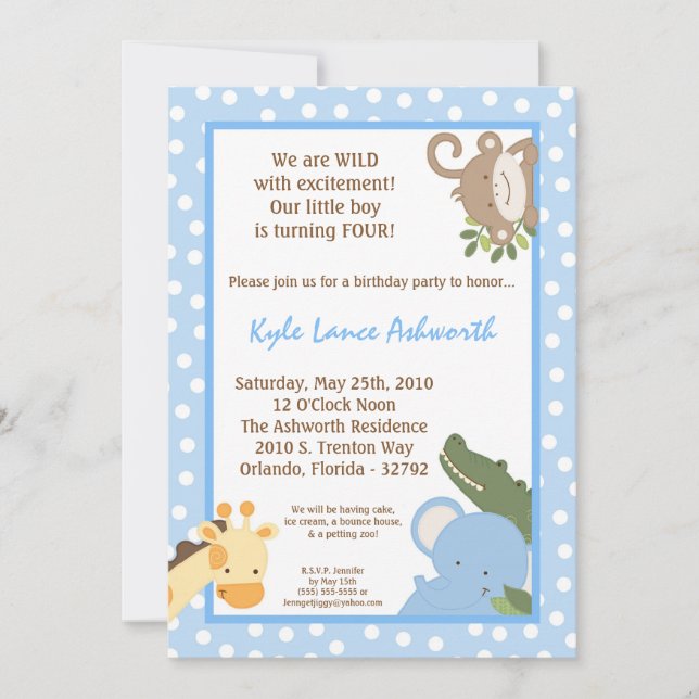 5x7 Safari Jungle ZooAnimaux Invitation d'annivers (Devant)