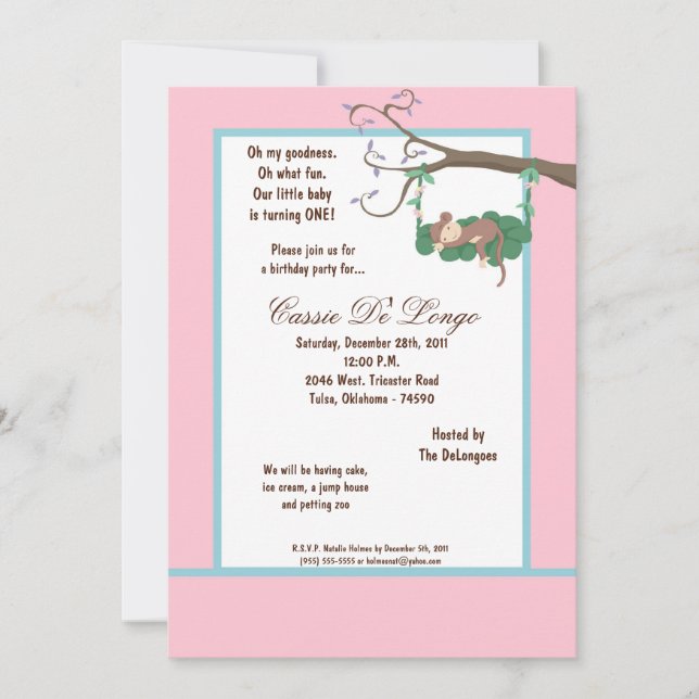 5x7 Singe rose Invitation de fête d'anniversaire (Devant)