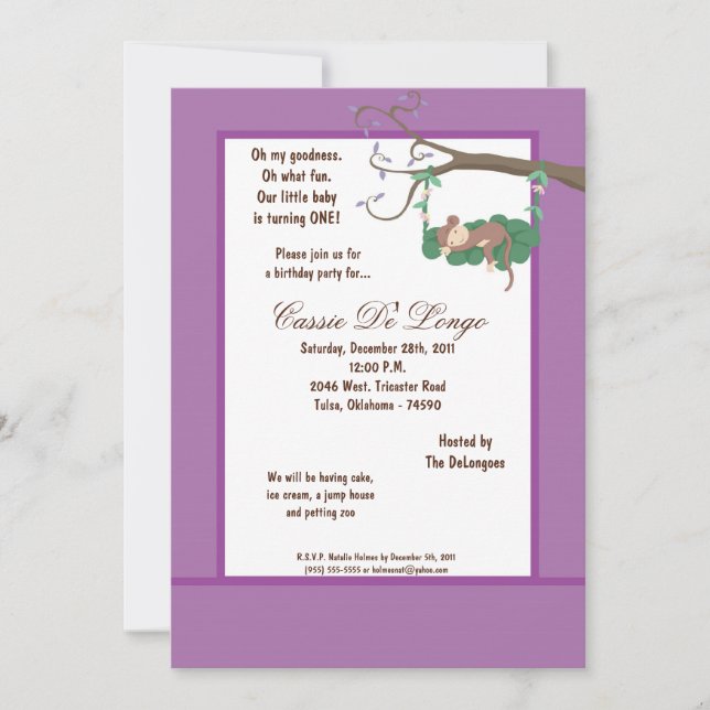 5x7 Singe violet Invitation de fête d'anniversaire (Devant)