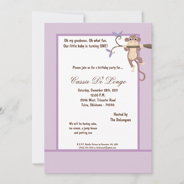 5x7 Singe violet Invitation de fête d'anniversaire (Devant)