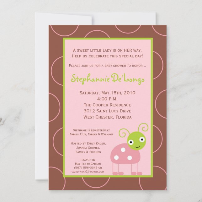 5x7 Spring Rose Lady Baby shower Bug Invitation (Devant)