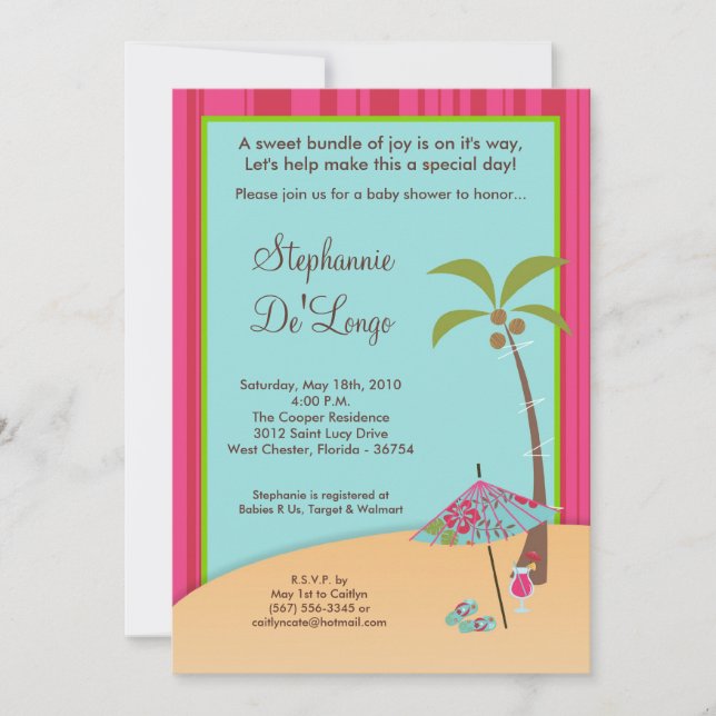 5x7 Sur la plage Invitation Baby shower tropical (Devant)